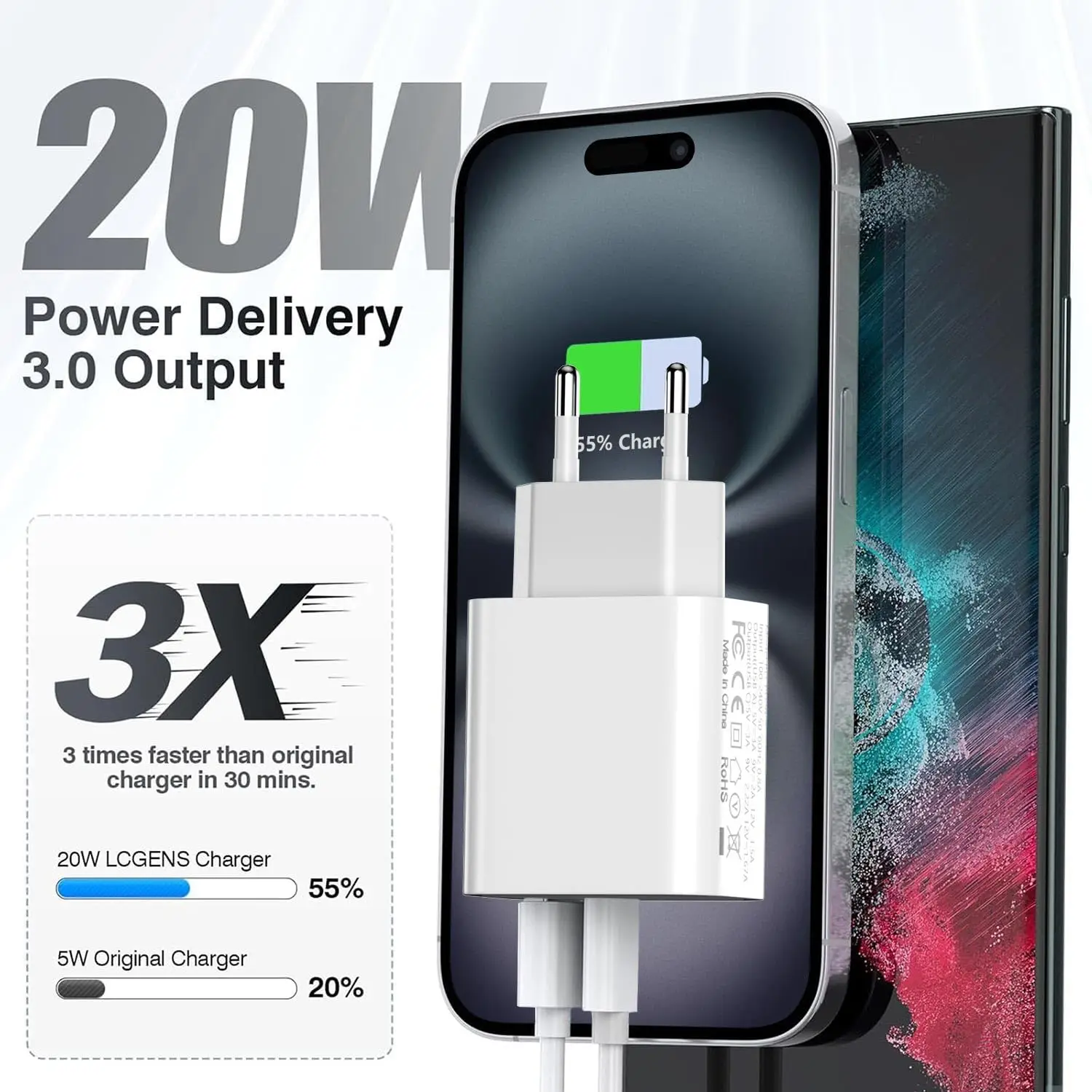 20W 2-Port USB C Fast Charger PD3.0 Wall Power Adapter, USB A+C Charging Plug Compatible with iPhone 16 15 14 13 12 11SE Pro Max