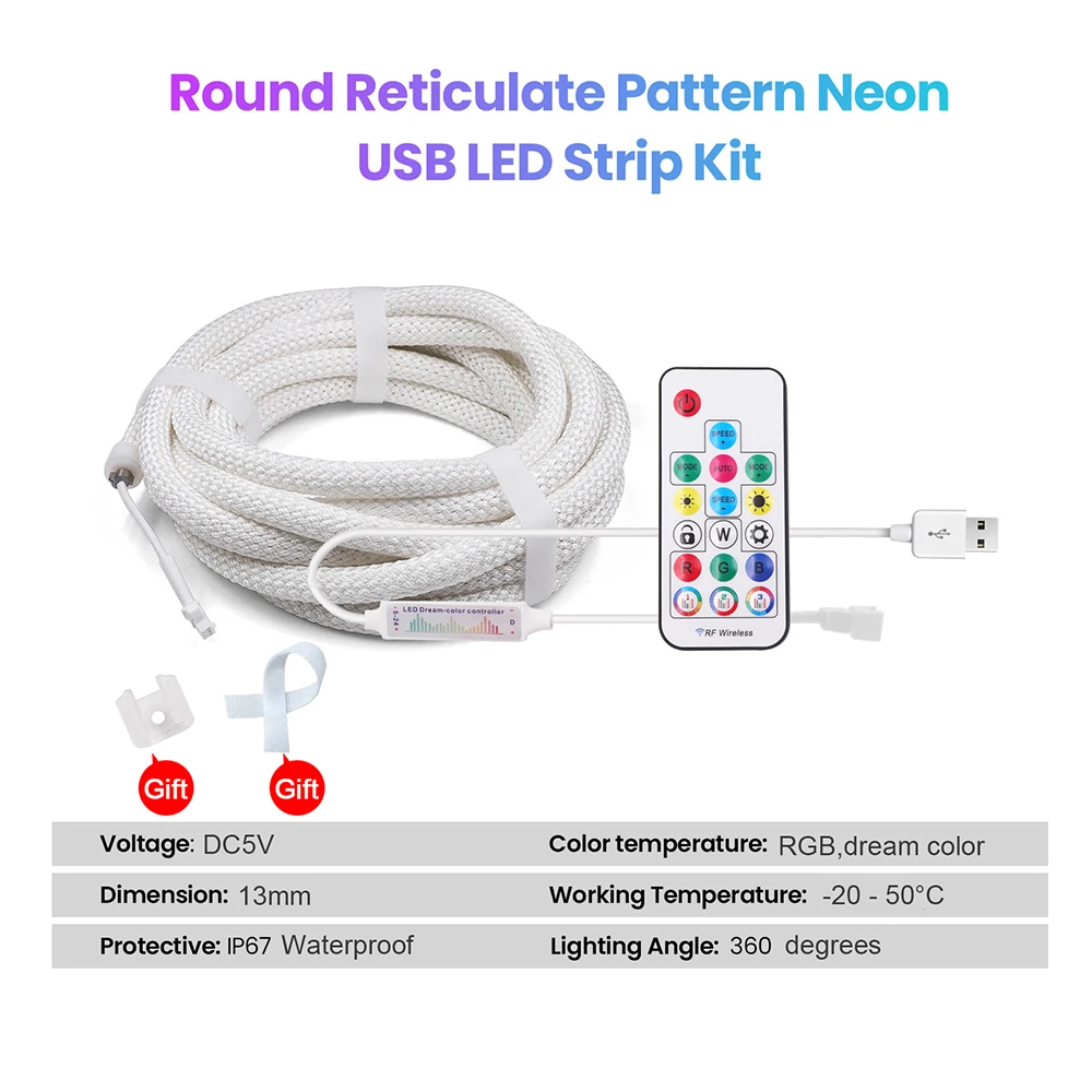 Tira de luces LED de neón de 5V WS2812 RGB, cinta de nailon direccionable con Control remoto de 17 teclas, Kit USB WS2811 3939 50 LED, decoración