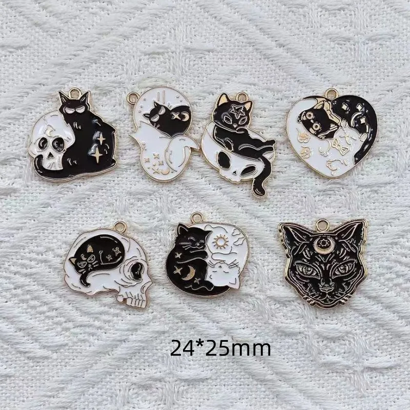 10pcs Skull Cat Charm for Jewelry Making Enamel Pendant Zinc Alloy Gold Plated