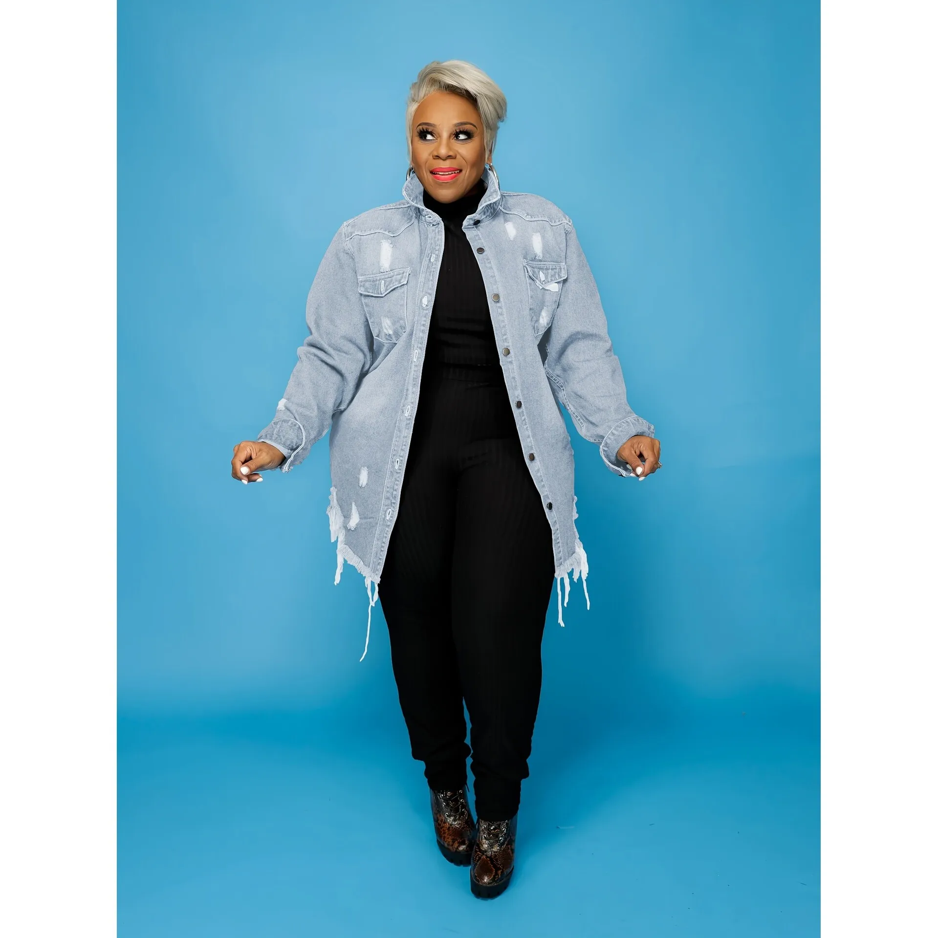

Distressed Denim Coat Women's Large Size Jacket Hole Punching Style Casual Outerwear Winter Season Pear Shape Body Type