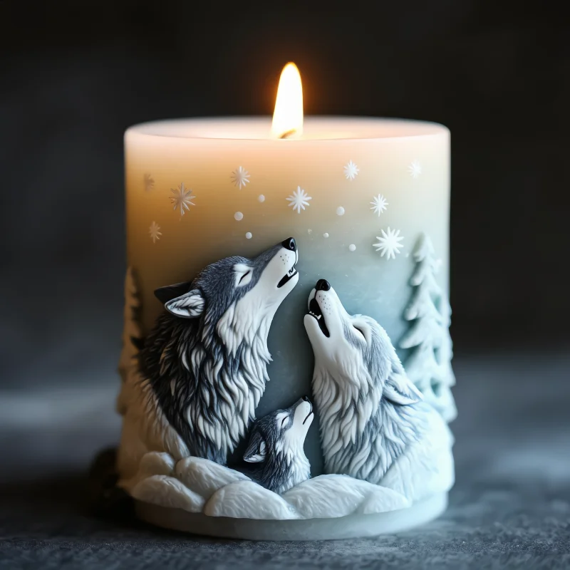 【Wilderness Theme】3D Wolf Pack Looking up Candle Silicone Mold, Cedar Snowflake Embossed Wolf Howling Snowfield Candle Mold, Home DIY Aromatherapy Tool