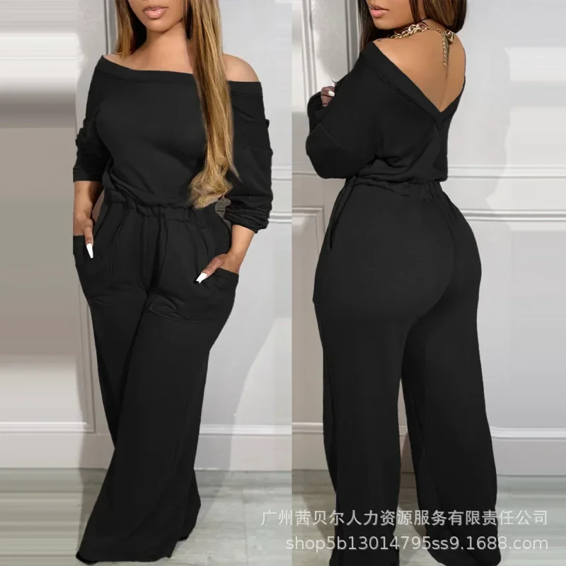 

Women Off Shoulder V-Back Stretchy Waist Pocket Design Jumpsuit Full Length Loose Overall Pants