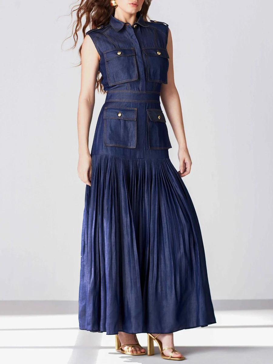 TWOTWINSTYLE Patchwork Pockets Denim Dresses Lapel Sleeveless High Waist Loose Pleated A Line Dress Female Fashion Clothing 2026