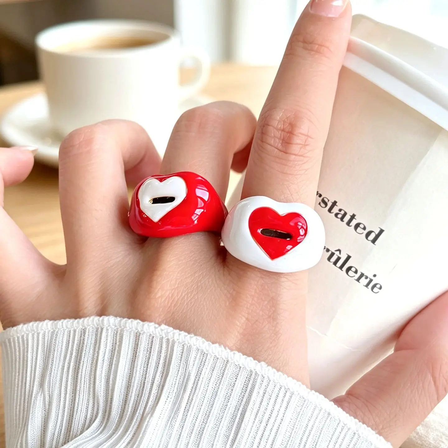 Sweet Edgy Puffy Heart Lock Cutout Enamel Ring for Women Trendy Unique Adjustable Index Finger Daily Party Jewelry Gift