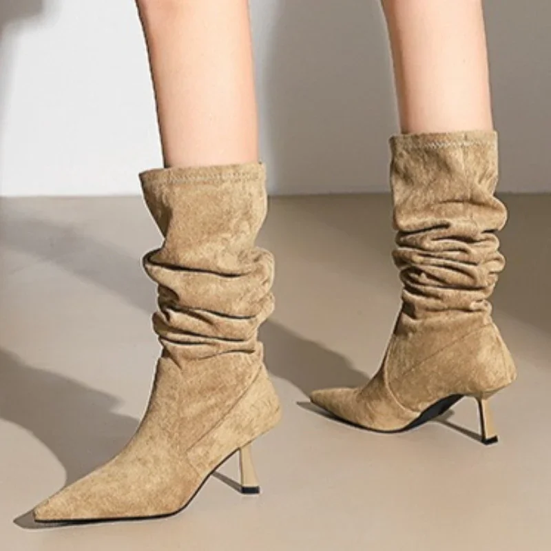BIGTREE Designer Pleated Pointed Toe Women Ankle Boot Sexy Thin High Heels Shoes Fashion Zipper Short Autumn Winter Booties