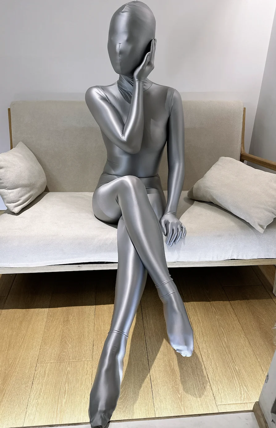 Customize cosplay crossdress second silvery skin body suit with With Cleavage Line Breast Form B-F Cup kigurumi zentai suit