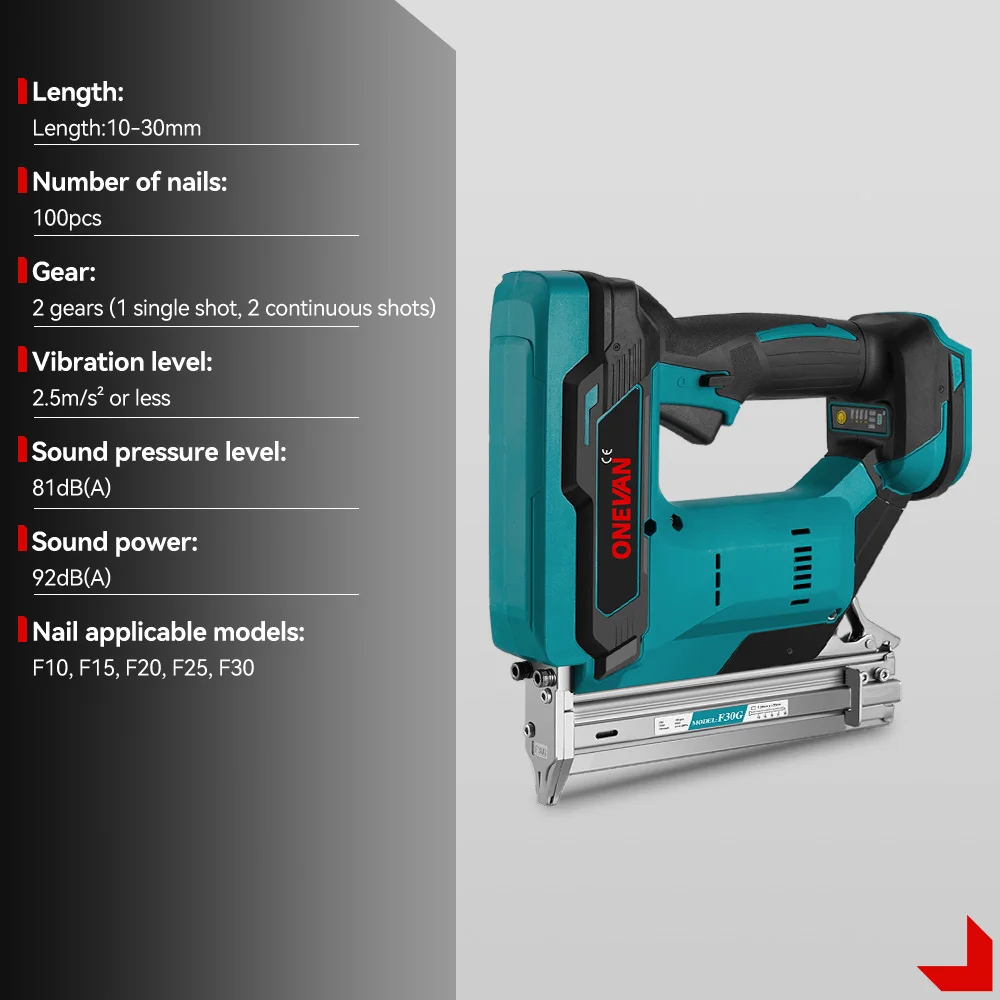 ONEVAN F30 Brushless Electric Nail guns 10-30mm Cordless Handheld 2 Gear Nailer Tools with 100pcs Nails For Makita Battery Pin