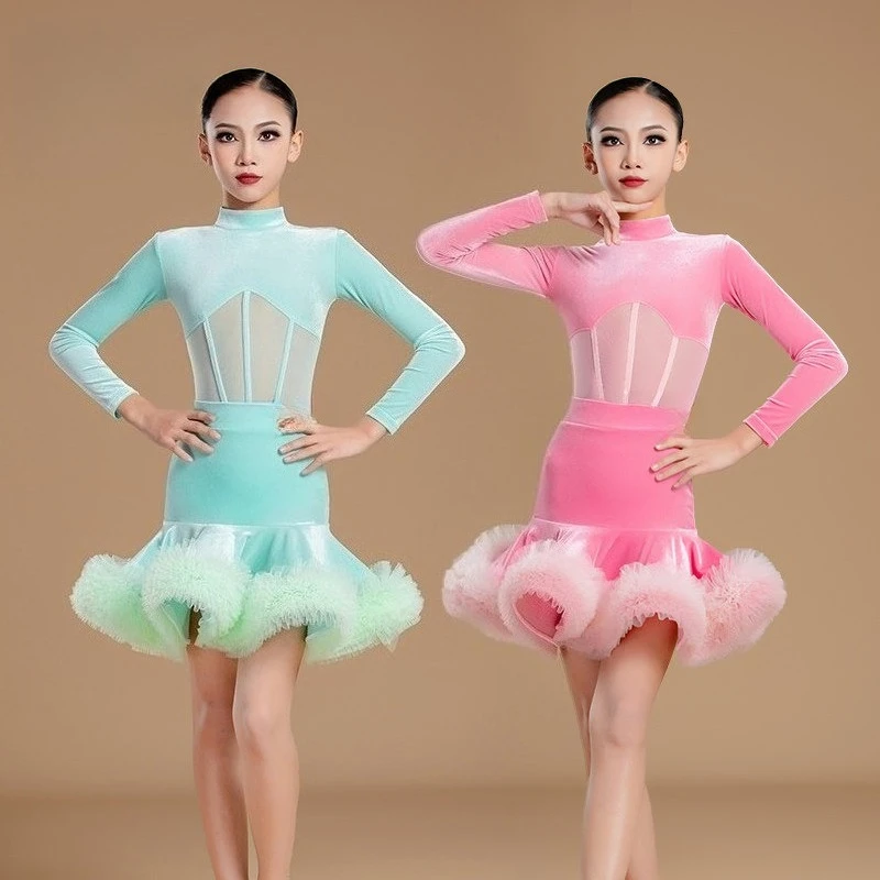 

New Winter Kids Latin Dance Dress Girls Velvet Lace Professional Practice Performance Leotard High End Elite Competition Outfit