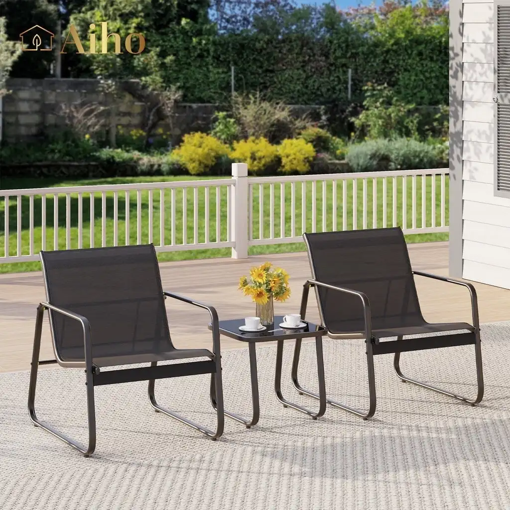 

3 Pieces Patio Furniture Set,Textilene Modern Conversation Black Set with Tea Table for Home,Lawn,Balcony and Bistro - Black