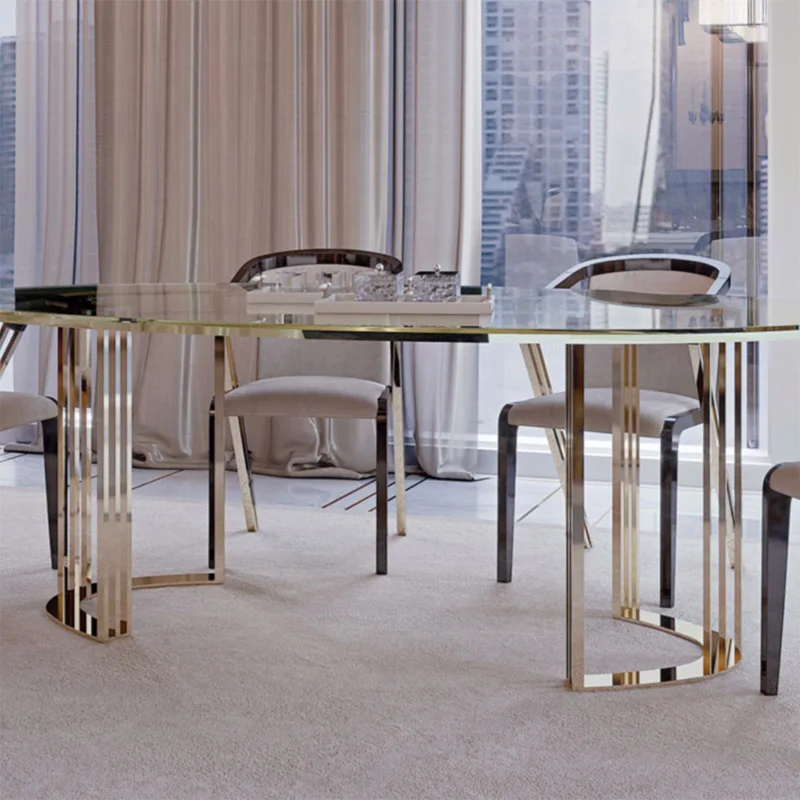 High Gloss Glass Wood Round Oval Luxury Dinning Table and Chairs Set of 6 Seater With Gold Leg for Villa Home