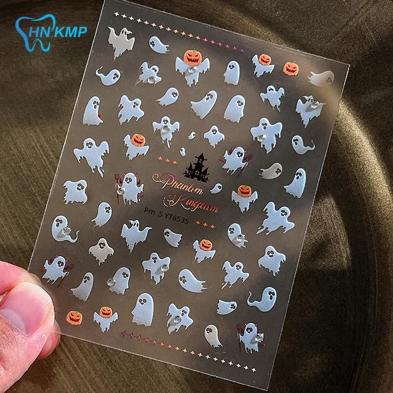 1 hoja de pegatinas de uñas de fantasma aleteo blanco de Halloween para manicura DIY dijes calabaza autoadhesivo mujeres hogar DIY calcomanías de uñas