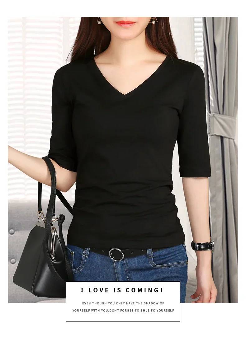 Ms sleeve T-shirt v-neck blouse in cultivate one's morality within 5 minutes of sleeve top female