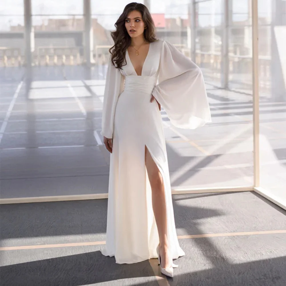 

Sexy Deep V-neck Jersey Wedding Dresses with Side Slit Flare Long Sleeves Backless Floor Length Bridal Gowns Vestido De Novia