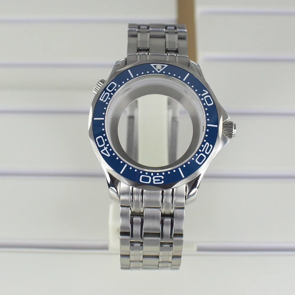 

41mm 316L stainless steel watch case strap Sapphire Crystal for Seamaster 300 NH35 NH36 NH38 Movement 31mm Dial Transparent Back