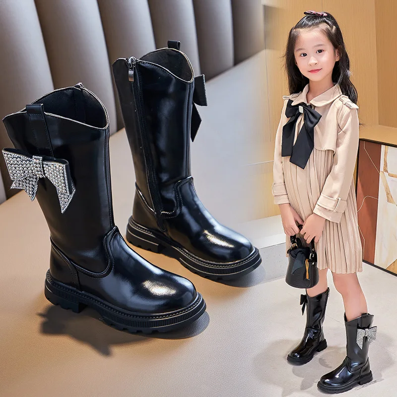 Princess Shoes Kids Knee High Non-Slip Plush Long Snow Boots for Girls High Leather Boots Winter Fashion Rhinestone Bow Boots