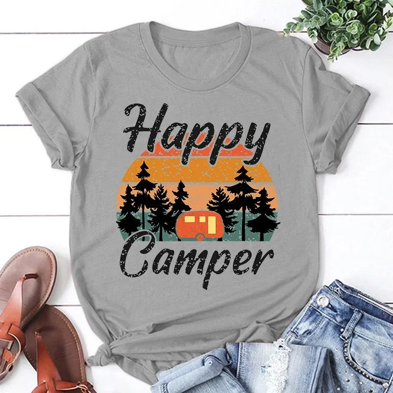 New Happy Camper Print T-Shirt Men Women Fashion Short Sleeve Casual Summer Tops Tees Women Clothes