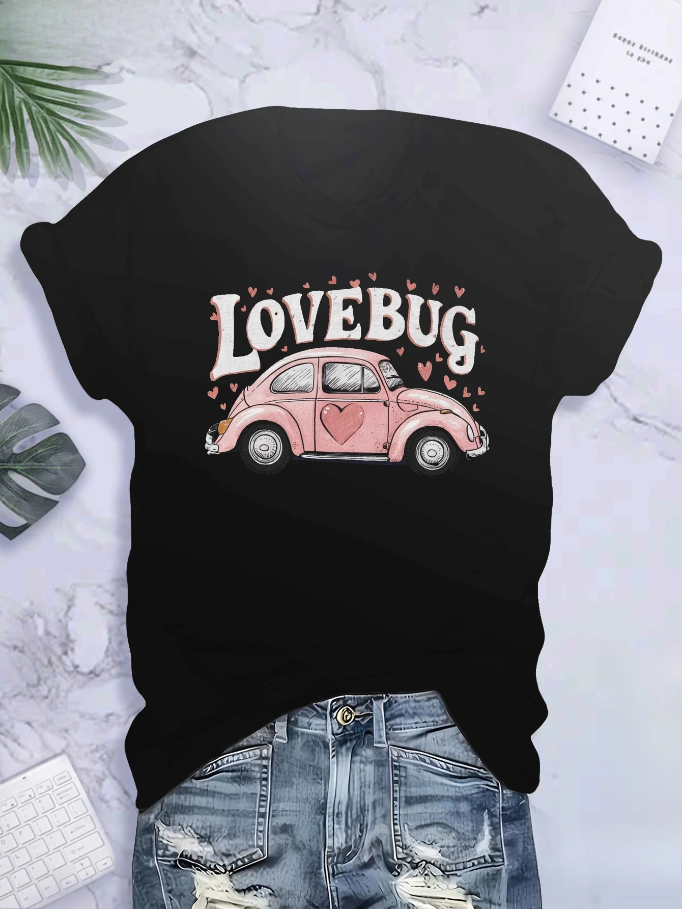 Love Bug Women's Plus Size Casual T-Shirt Short Sleeve Round Neck  Geometric Print