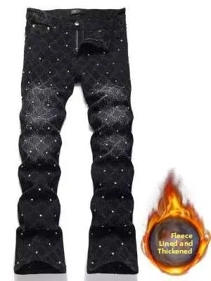 

Thiened Fce Повседневные мужские джинсы с бриллиантами, тонкие прямые леггинсы, износостойкие, модные, осенне-зимние, длинные...