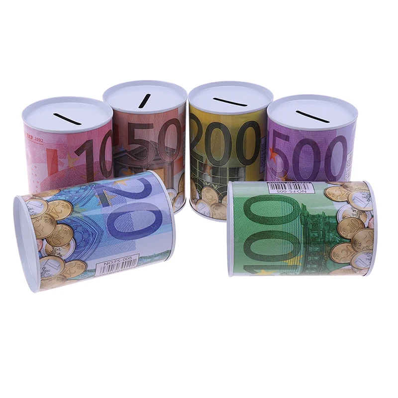 1pcs Creative Tinplate Piggy Bank Euro Money Box Safe Cylinder Collecting-tin Saving Pot For Coins Deposit Change Storage Case