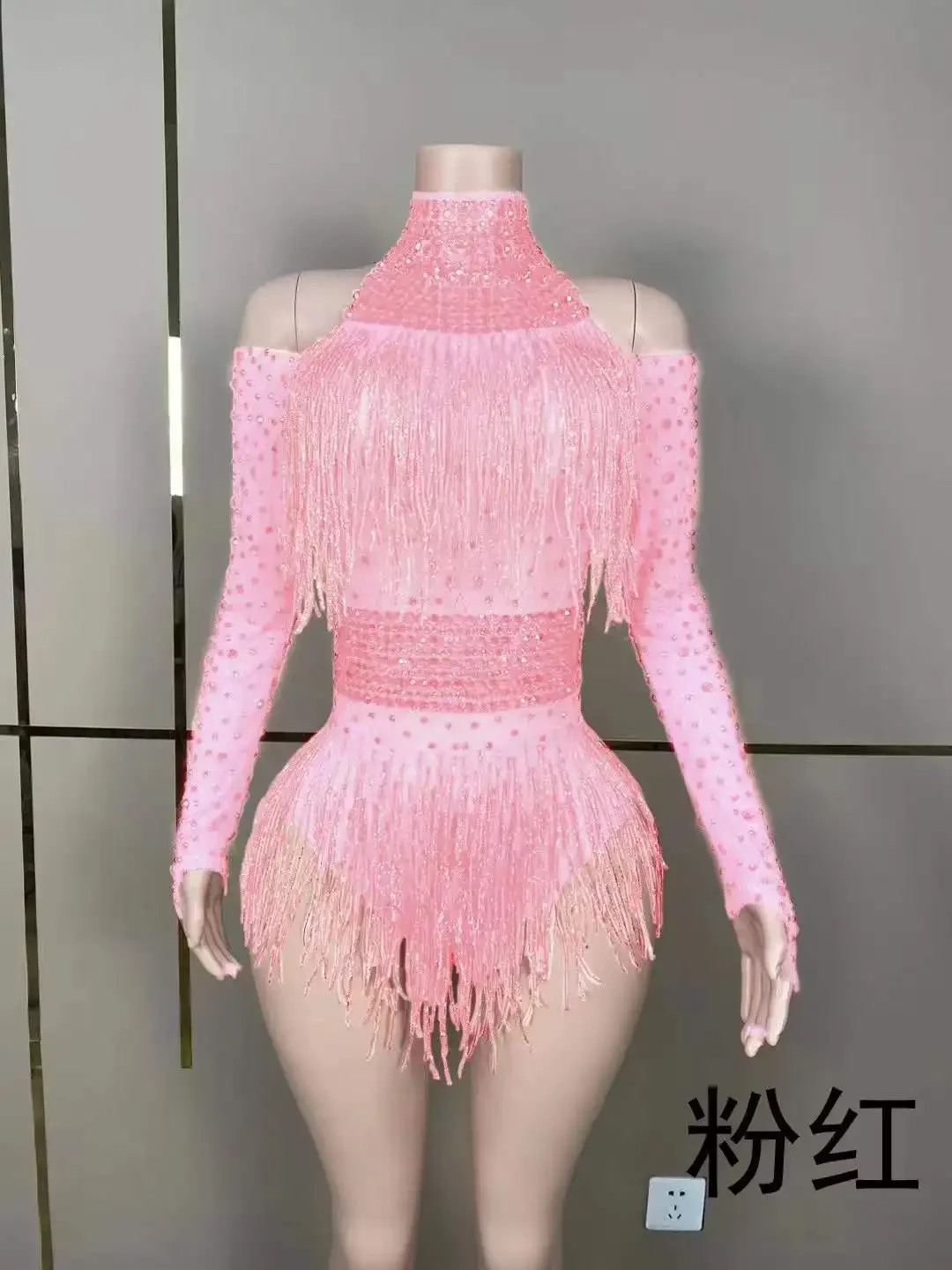 Sexy Women Fringe Rhinestone Stunning Bodysuits Long Sleeve Shinning Body Suits Latin Jazz Dance Drag Queen Costume Photography