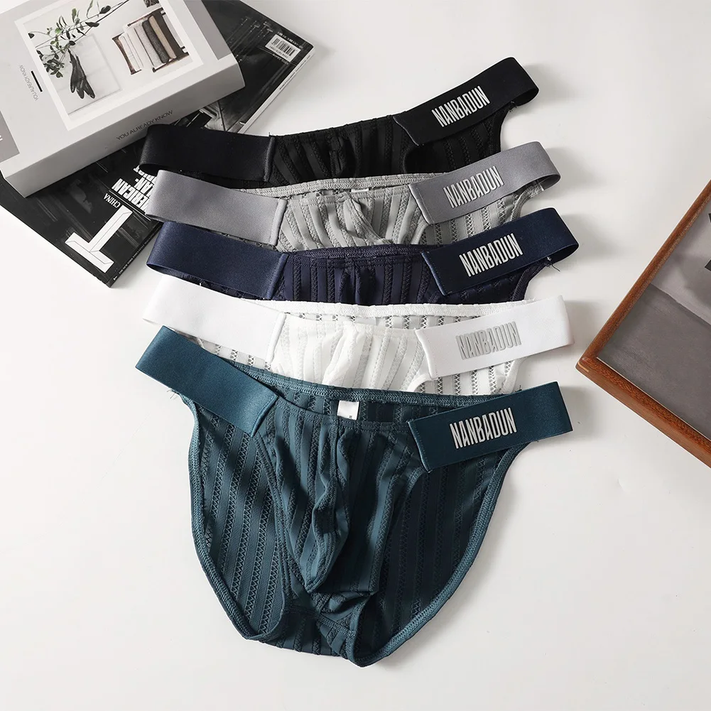 Men Silk Mesh Stripe Brief Sexy Accessories Hot Soft Adult Underwear For Man Large Gay Pouch Translucent Low Rise Men's Panties
