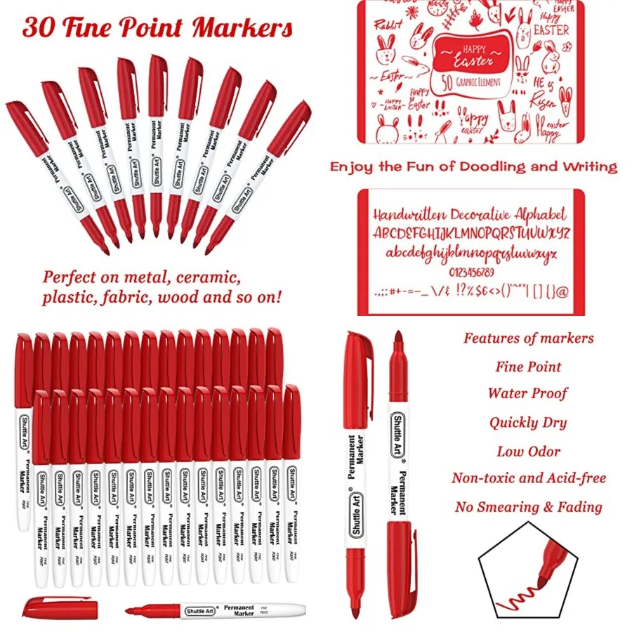 

Shuttle Art Permanent Markers 30 Pack Red Permanent Marker Set with Fine Point for Doodling and Marking on Plastic Wood Stone M