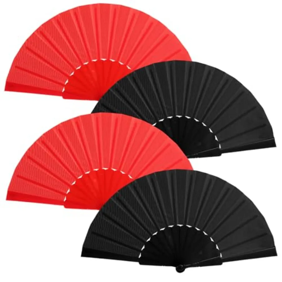 Blulu 4 Pcs Handheld Folding Fan 9 Inch Chinese Vintage Hand Fan Foldable in Oriental Cloth Fabric for Women, Performance, Danc