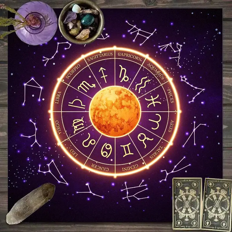 VIKAMA Neon Zodiac Wheel Tarot Table Cloth Purple Constellation Altar Cloth Astrology Witch Pagan Table Decor Mat