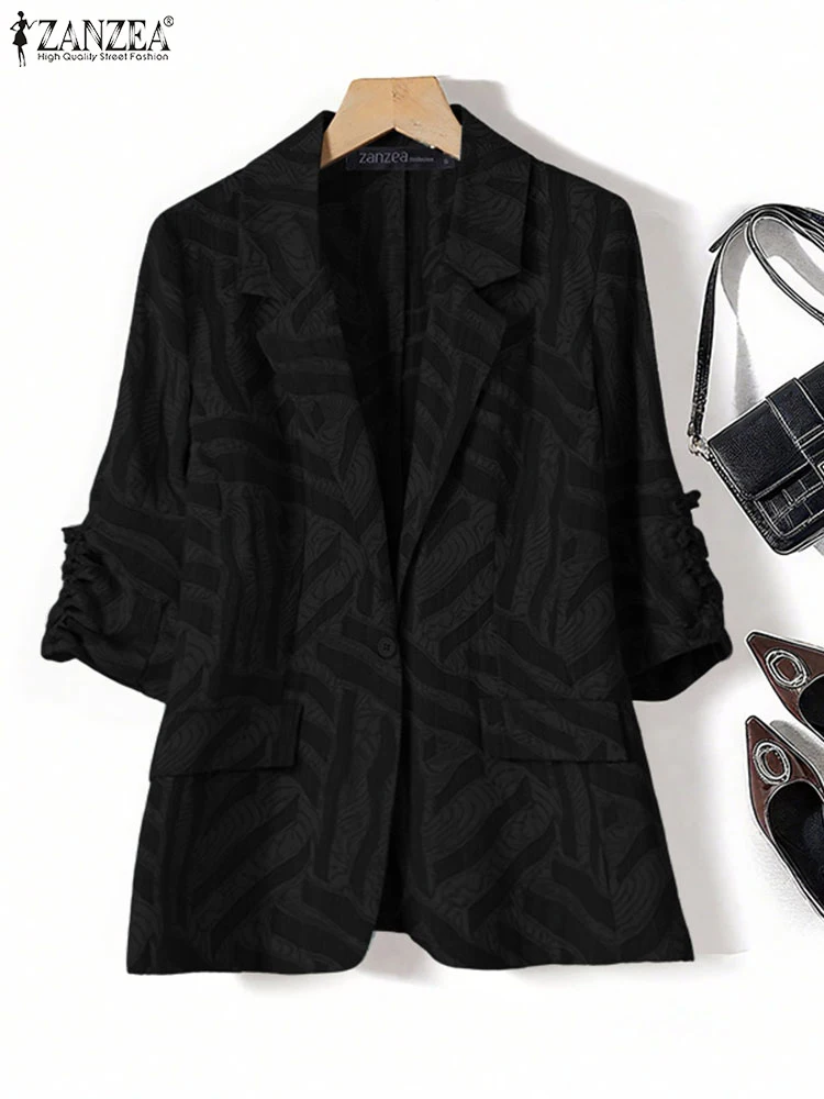 ZANZEA 2025 Elegante Büro Dame Blazer Frauen Mäntel Streetwear Herbst 3/4 Hülse Drucken Stilvolle Strickjacken Beiläufige Lose Tunika Anzüge