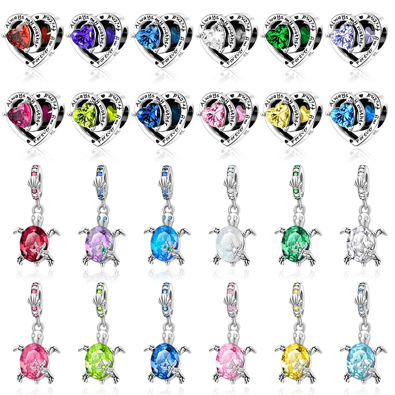 925 Sterling Silver 12 Months Birthstone Heart-shaped Beads Charms Fit Original Bracelet Charm Beads Necklace Diy Female Jewelry