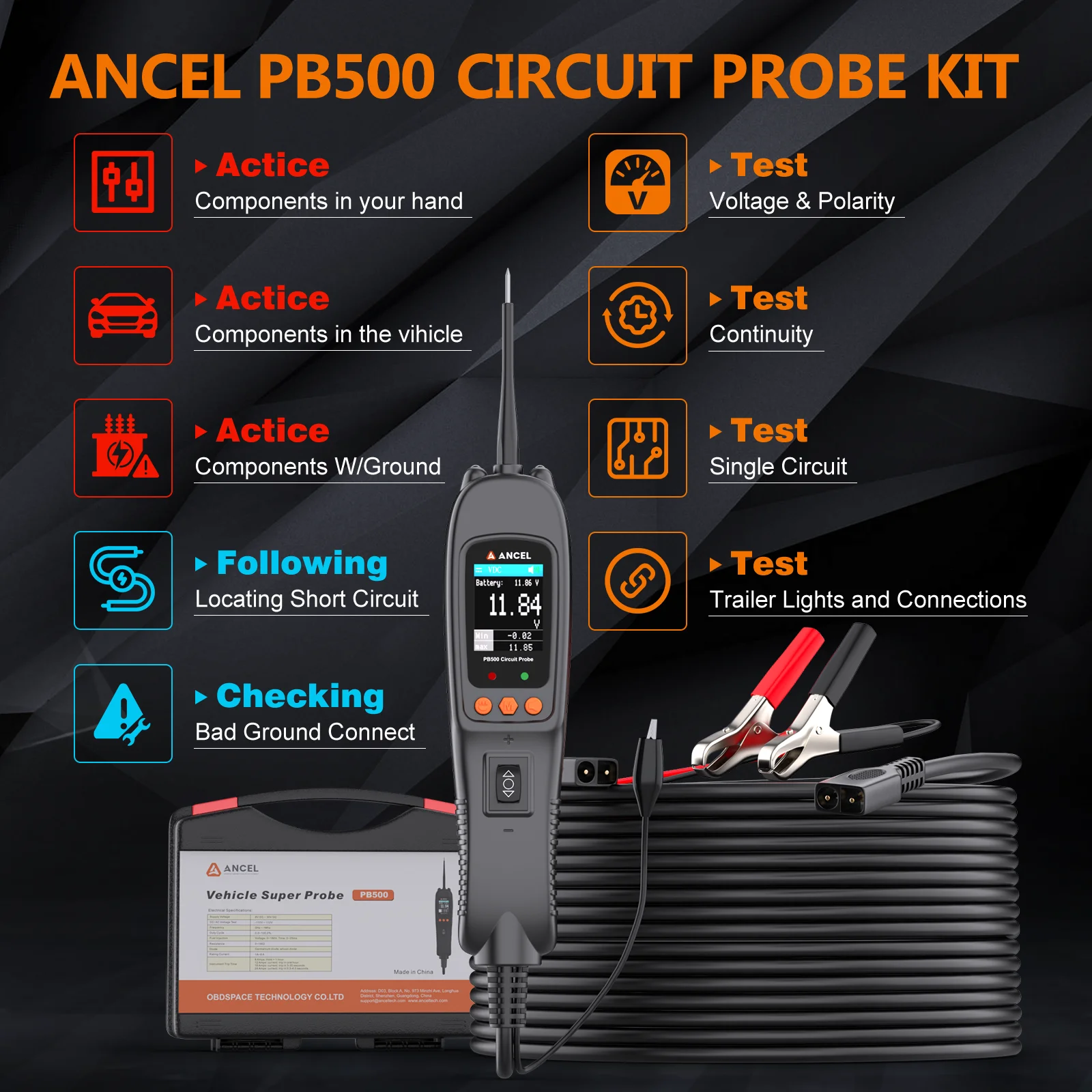 ANCEL PB500 Car Battery Tester 12V/24V Power Probe Circuit Tester Kit Electrical Integrated Auto Battery System Diagnostic Test