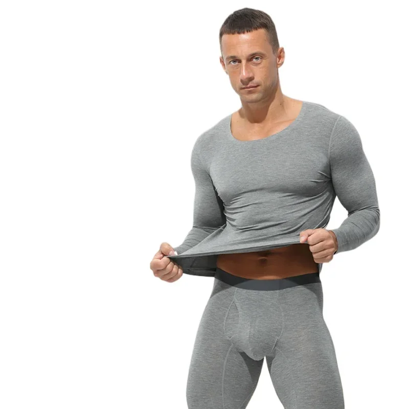 

Теплый комплект термобелья из модала, низ и топы для мужчин, зимние леггинсы с круглым вырезом, базовые тонкие облегающие эластичные костюмы