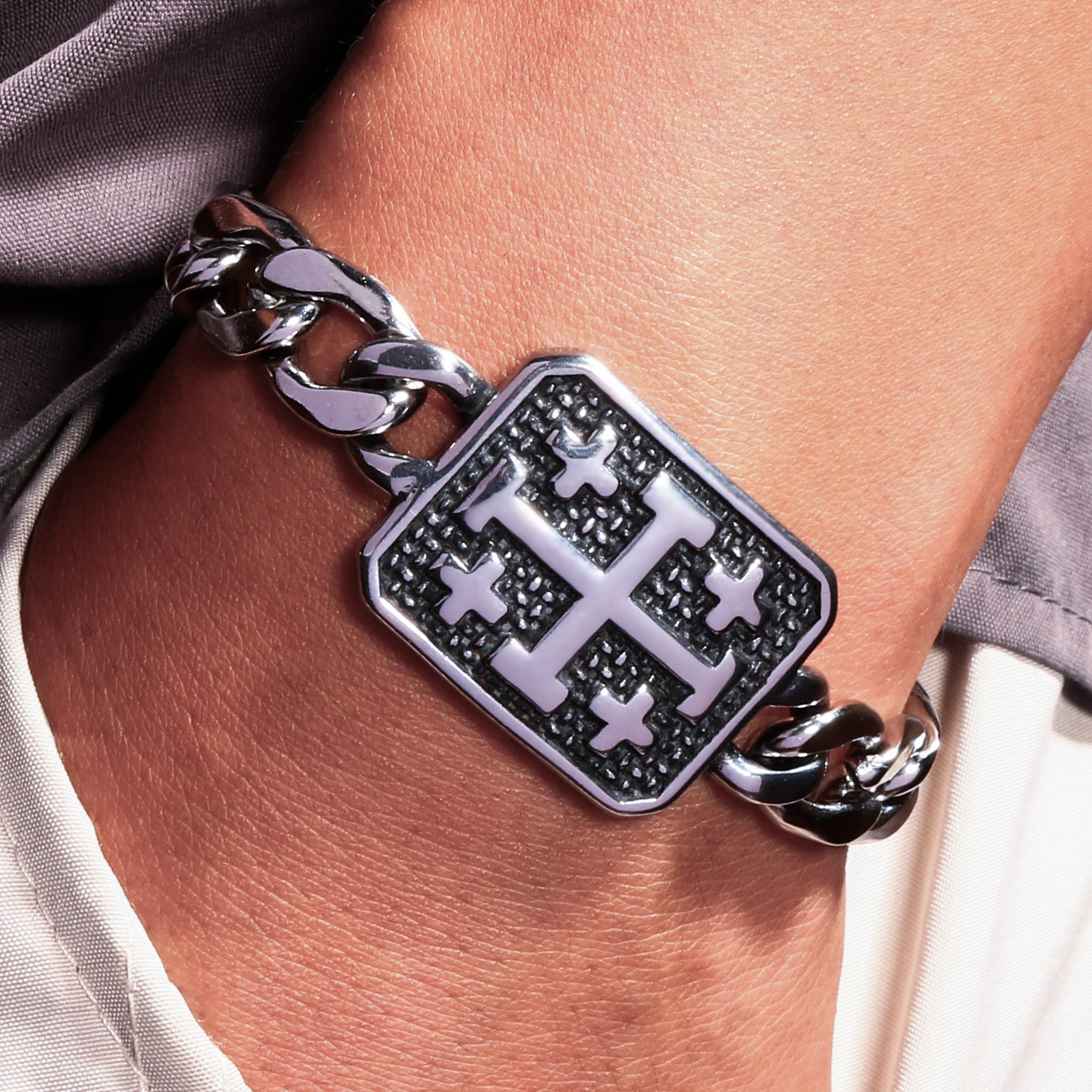 1PC INGX Medieval Stainless Steel Jerusalem Crusader Templar Cross Bracelet for Men Spiritual knights Templar Bracelet Man