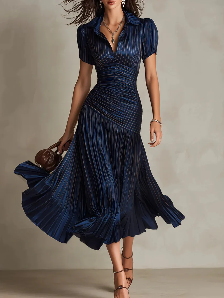 Elegante Satin-Langkleider für Damen mit Revers, hoher Taille, plissiertem, schmalem A-Linien-Schnitt, lässigem Kurzarm und Hemdkleid-Optik für den Alltag