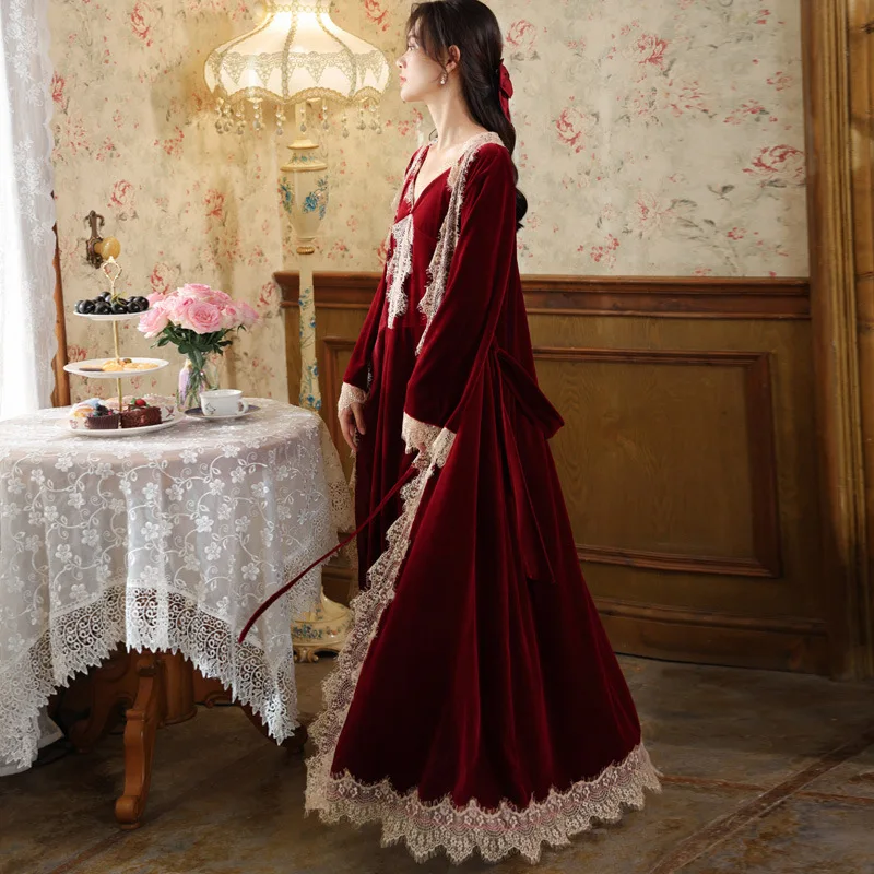 Vintage Princess Pleuche Velvet Long 2-częściowe zestawy szlafroków dla kobiet Luźna elegancka czerwona sukienka panny młodej Jesień Zima Odzież