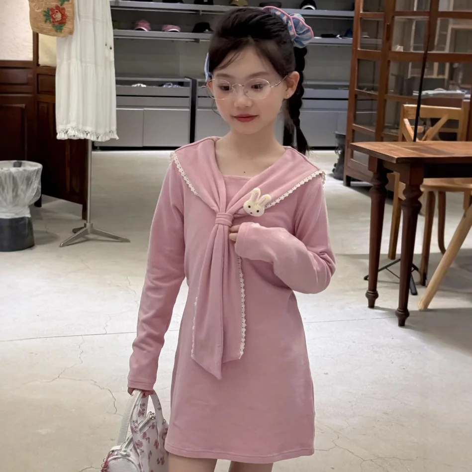 

Children Dress 2025 Spring Autumn New Girl Sweet Dress Children Clothing Solid Long Sleeve Princess Dress