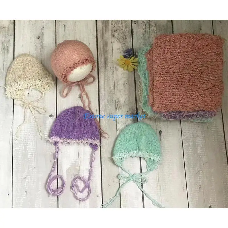 

090B 2 Pcs Baby Receiving Blanket Hat Outfits Set Soft Sleeping Newborn Infant Photography Props Accessories