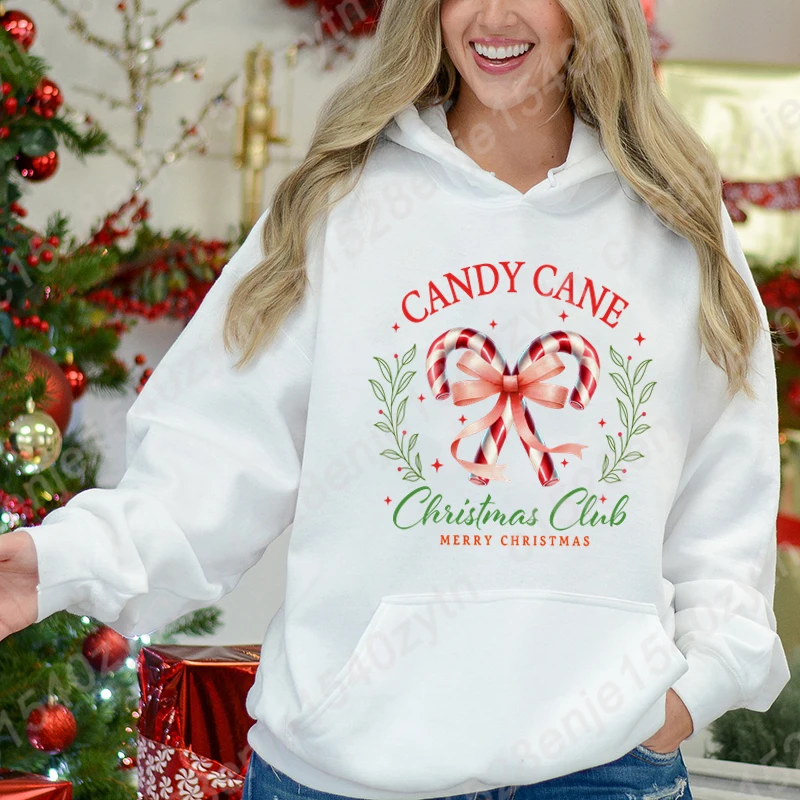 Candy Cane Christmas Club Merry Christmas Print Bluzy z kapturem Kobiety Zima Jesień Luźne Pulowery Casual Bluza z kapturem Tops