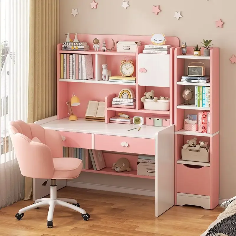 Student study table Children's desk Bookshelf Combination Integrated table and chair set Simple bedroom Household children's wri