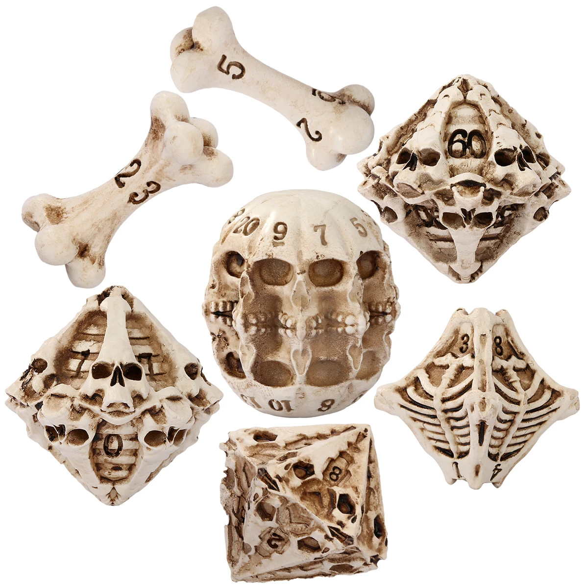 7-teiliges Set aus geschnitzten polyedrischen Würfeln im Knochen-Schädel-Design, Retro-Hohlskelett-Würfelsets für Tabletop-RPG-Party-Brettspiele – Detail 3