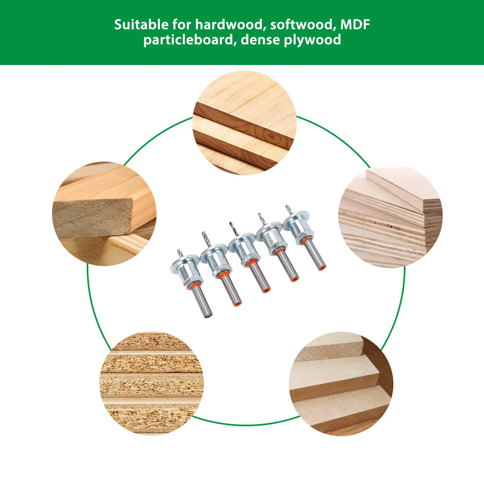 5Pcs Adjustable Depth Countersunk Bit Alloy Steel Silver Limit Taper Hole Drill for Woodworking Countersunk Bit Stopper