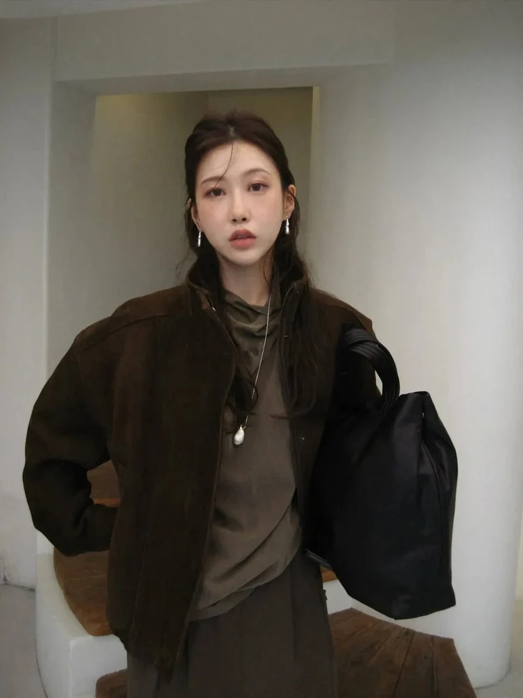 سترة قصيرة من الجلد المدبوغ بتصميم عتيق، ياقة عالية مع سحاب، ملابس خارجية فضفاضة للنساء، مجموعة الخريف، إصدار المصمم #1