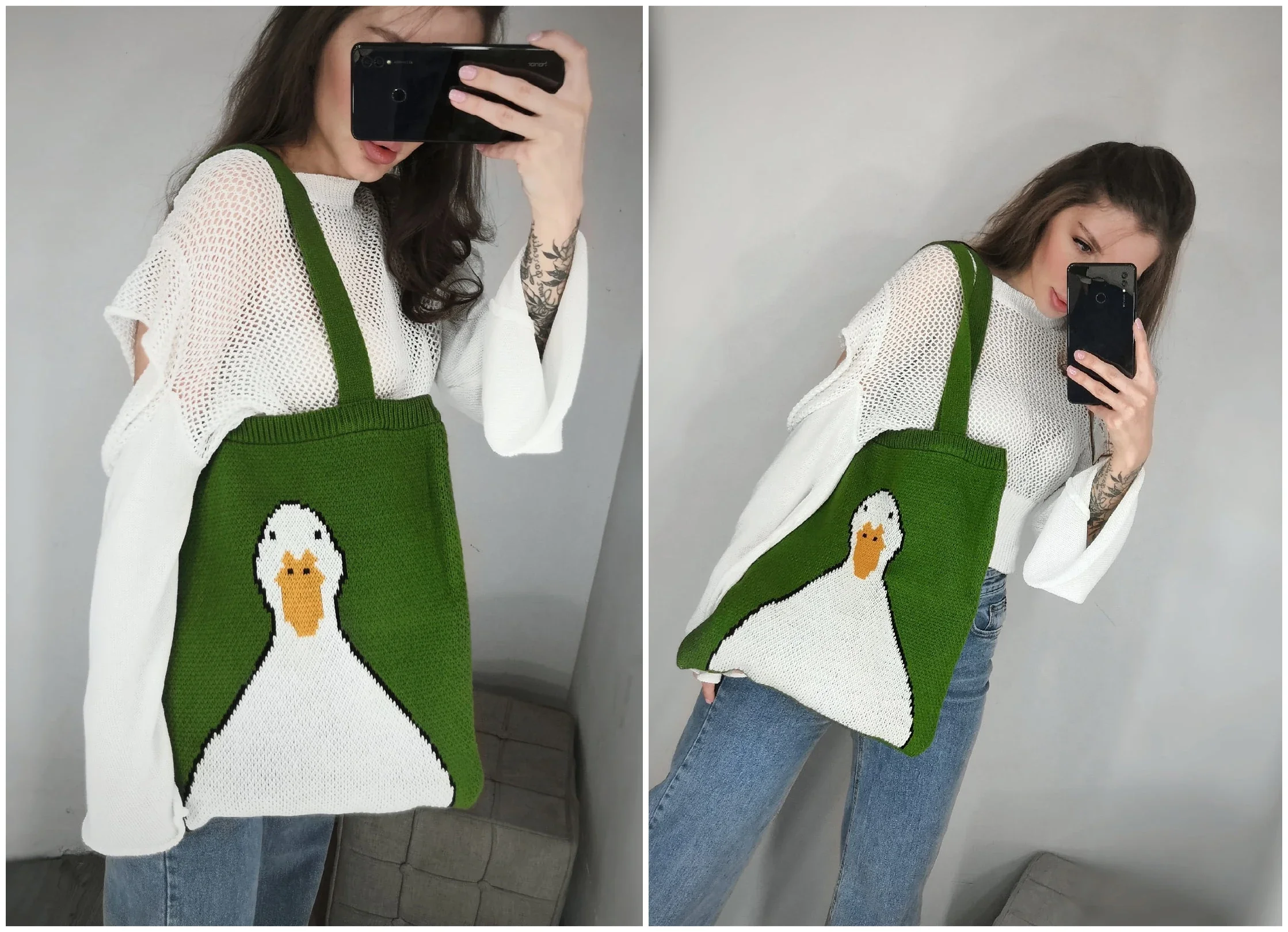 Female Cute Cartoon Duck Top-handle Tote Bag Teen Women Winter Vintage Retro Rural Anime Knitting Kawaii Stylish Green Handbag