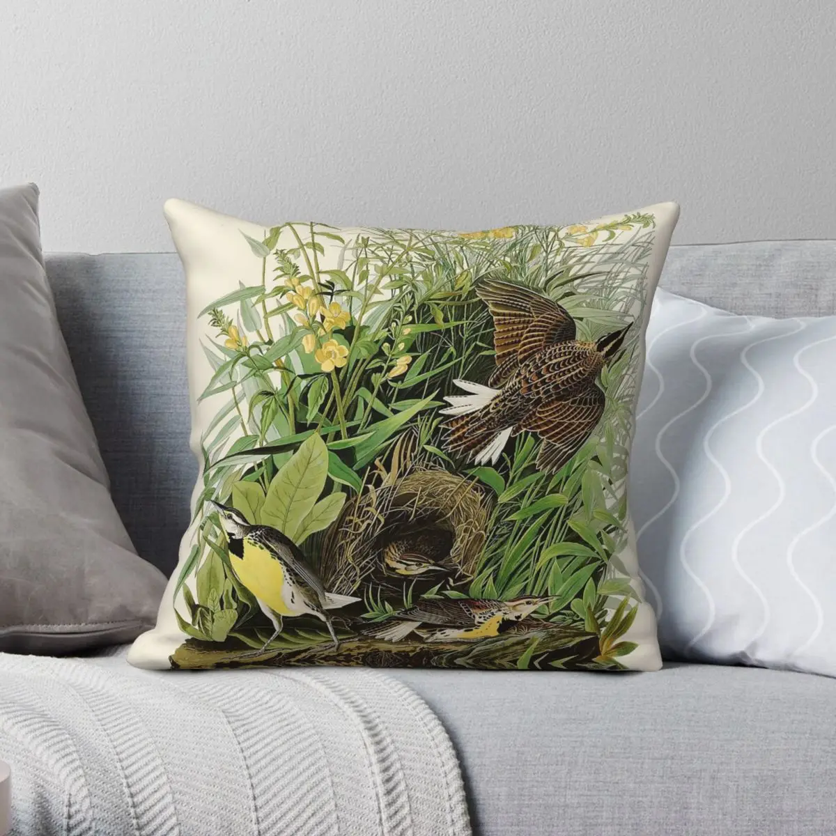 

Meadowlark John James Audubon Square Pillowcase Polyester Linen Velvet Printed Zip Decorative Car Cushion Cover