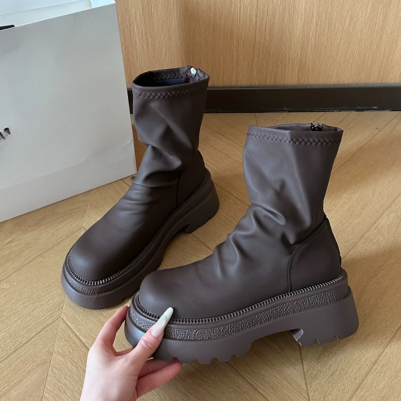 Women's Stretch Thin Mid-leg Boots 2026 Autumn and Winter New Small Person Heightened Platform Block Heel Shoes