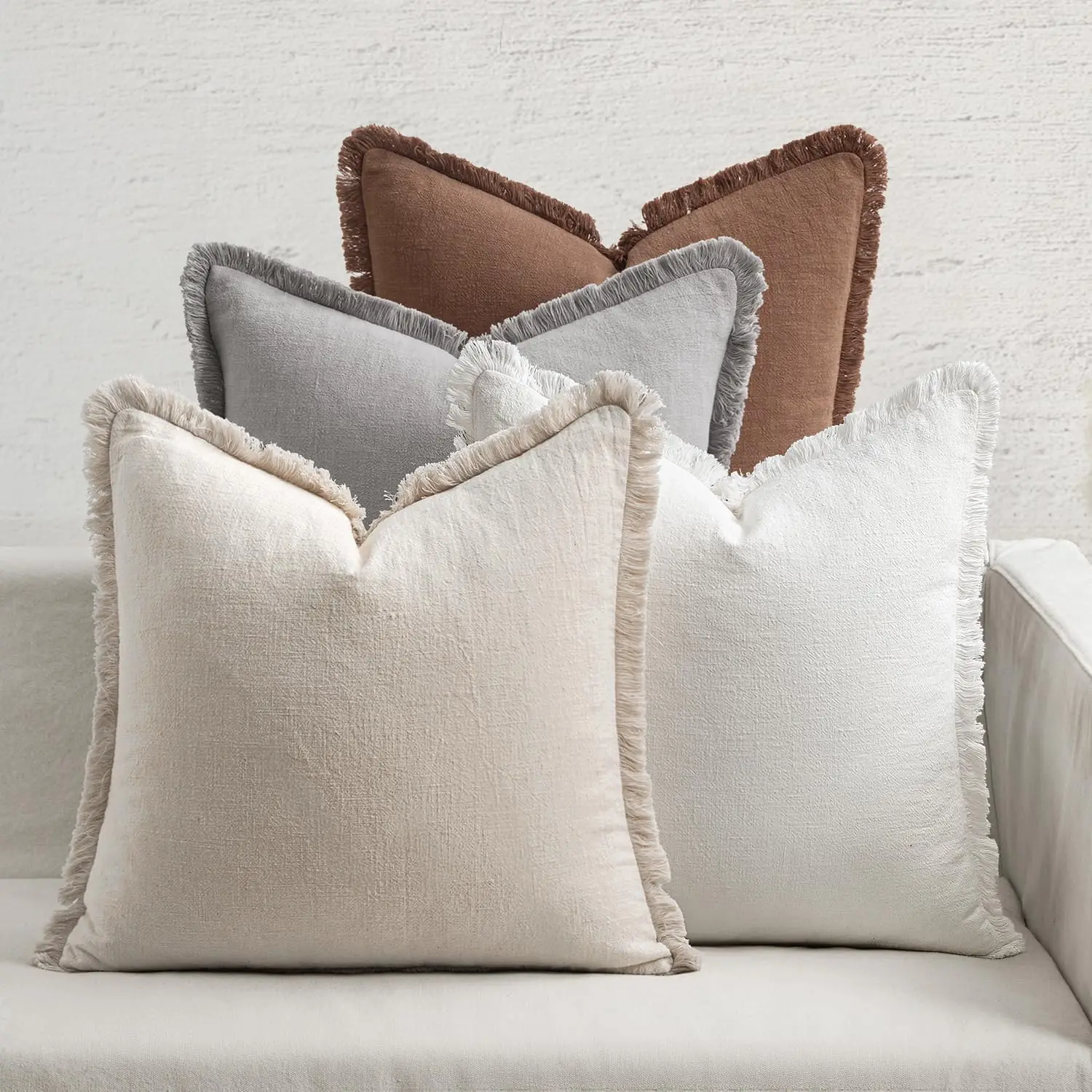 Summer Decorative Neutral Linen Fringe Throw Pillow Covers Natural Beige Pillow Covers with Tassels Soft Farmhouse