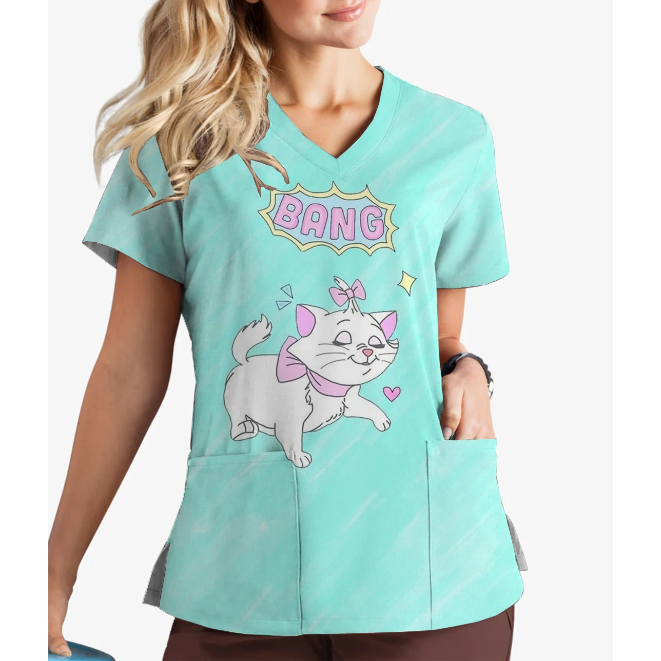 2024 Summer New Women's Frosted V-neck Short-sleeved Nurse Uniform Disney Marie Cat Print Dentist Pocket Practical Work Uniform