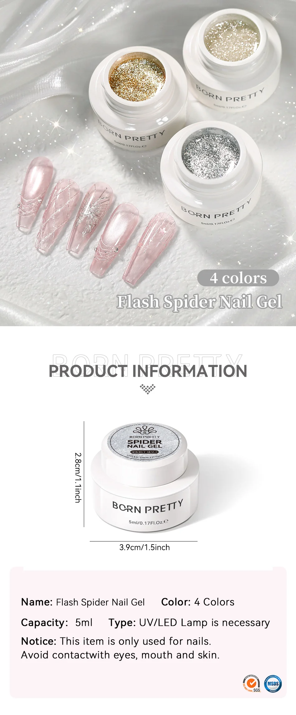 BORN PRETTY 5 ml Flash Spider Nagelgel Nagellack Klar Silber Gold Ultra Glanz UV-Gel zum Zeichnen von Streifen und Linien für French Nails – Detail 1