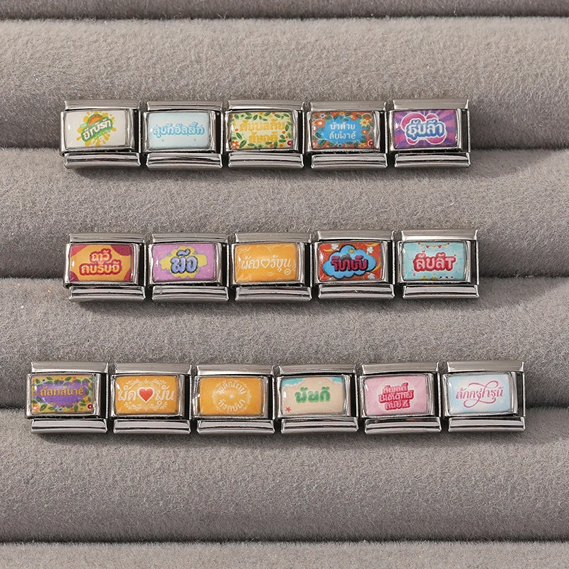 New Creative Colorful Thai Language Italian Charm Beads Fit 9MM Women Men's Stainless Steel Bracelet Jewelry DIY Making