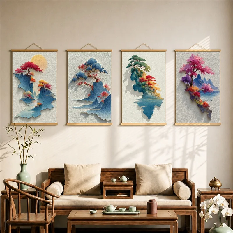 Wall Decorations Red Forest and Golden Sun Lake, Oriental Modern Pearlescent Canvas Wall Hanging Scroll for Living Room Interior